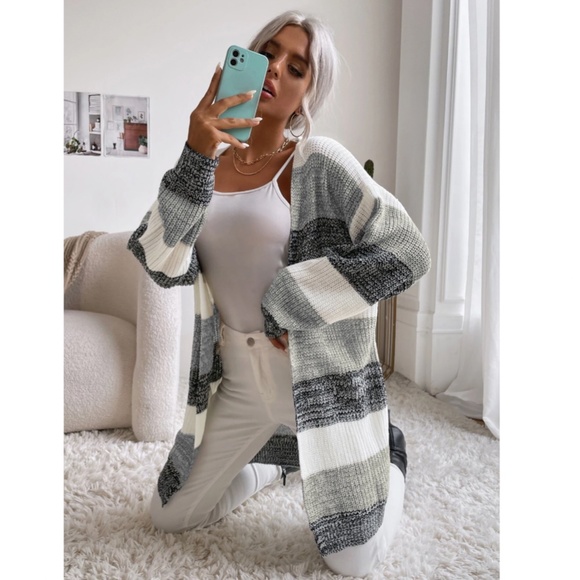 Colorblock Stripes Open Knit Cardigan Knee Length - Picture 6 of 9